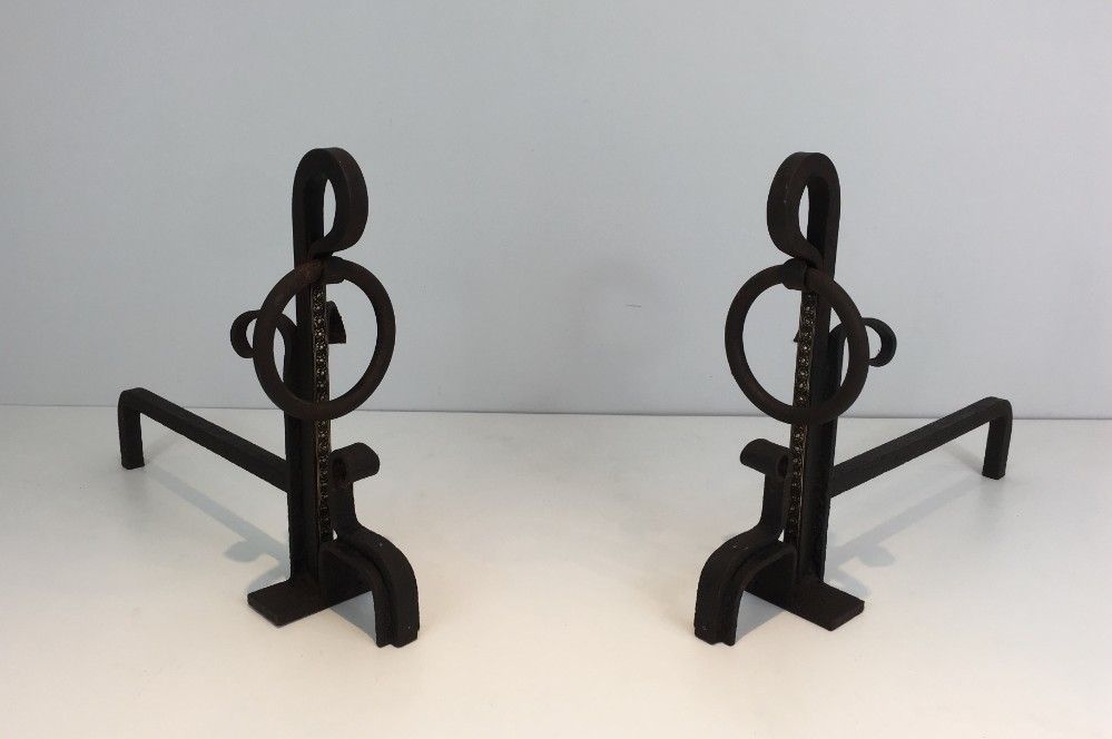 Pair Of Arts & Crafts Wrought Iron And Brass Andirons. photo for sale
