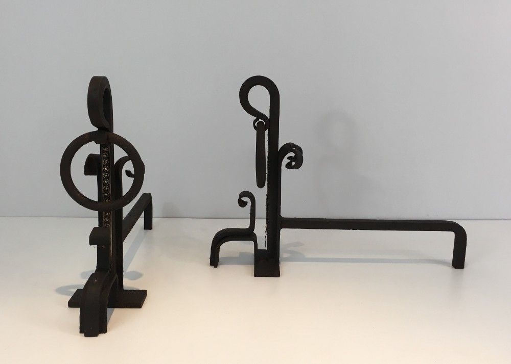 Pair Of Arts & Crafts Wrought Iron And Brass Andirons. photo 950.0