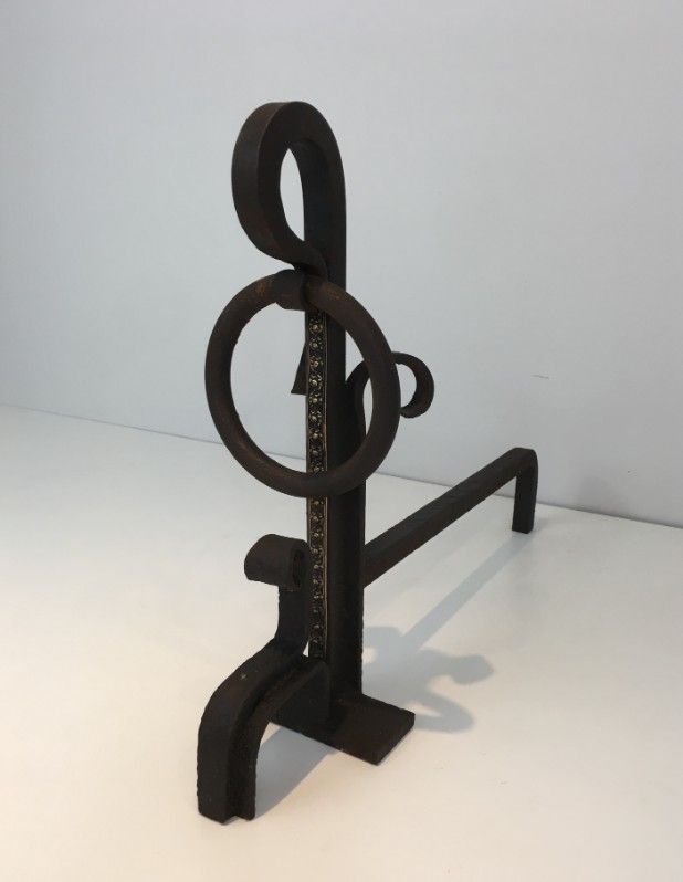 Pair Of Arts & Crafts Wrought Iron And Brass Andirons. photo buy