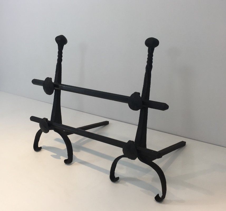 Pair Of Wrought Iron Andirons With Double Bars. French. photo furniture