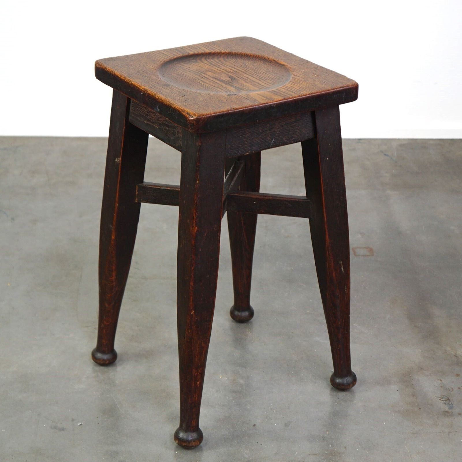 Antique English Solid Oak Stool With A Touch Of Art Nouveau Style