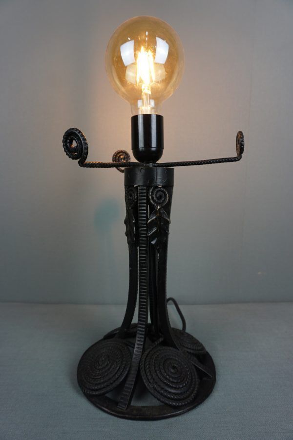 Uniquely Designed French Art Deco Wrought Iron Table Lamp, Charles Schneider photo for sale