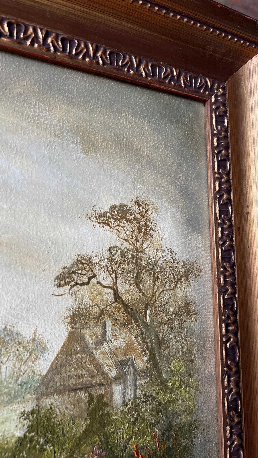 Framed Mid Century Oil Painting – Rural Landscape Scene photo vinterior