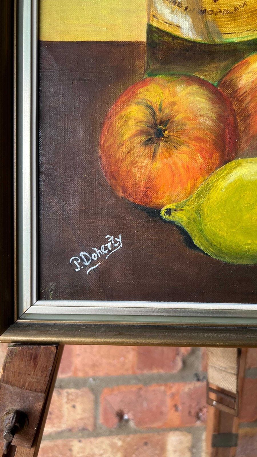 Framed Still Life Oil Painting By Pauline Doherty – Wine Bottle And Fruit photo for sale