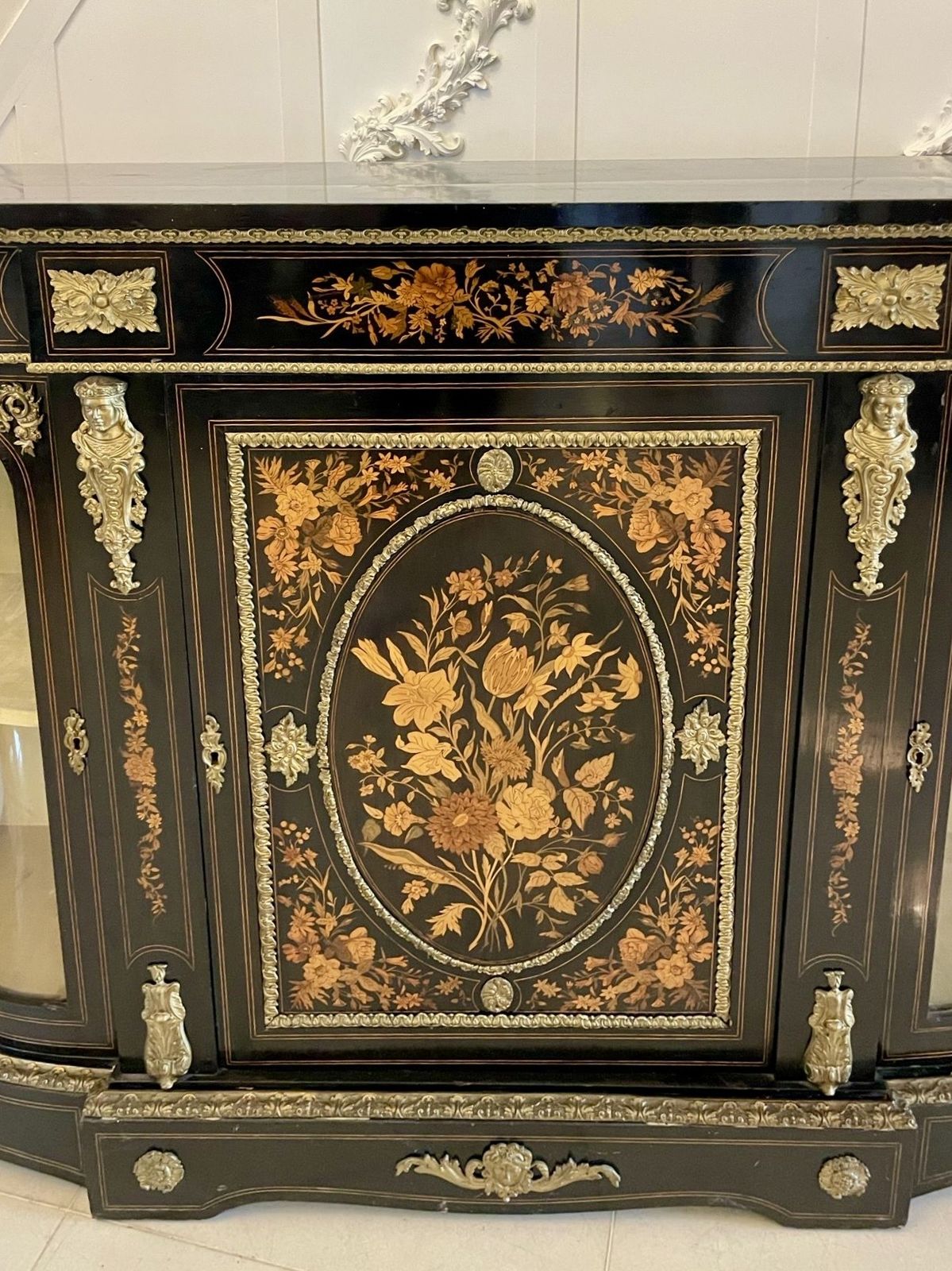 Outstanding Quality Antique 19th Century Ebonised And Inlaid Floral Marquetry Credenza photo 9645.0