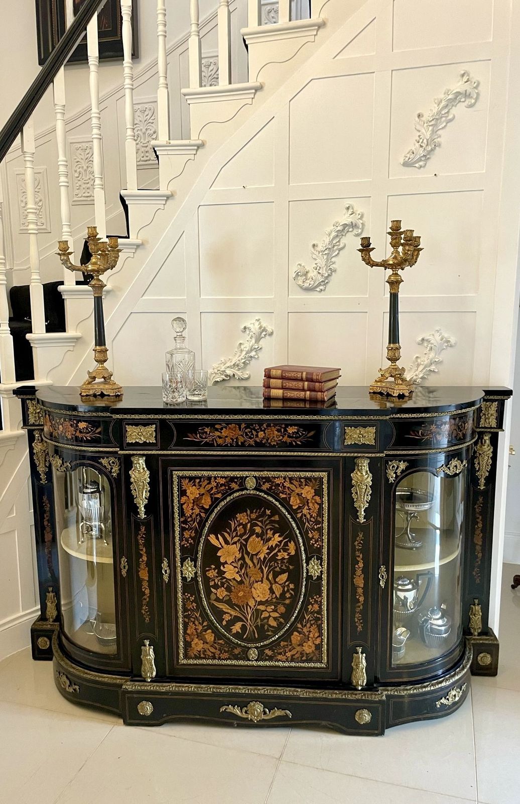 photo buy Outstanding Quality Antique 19th Century Ebonised And Inlaid Floral Marquetry Credenza