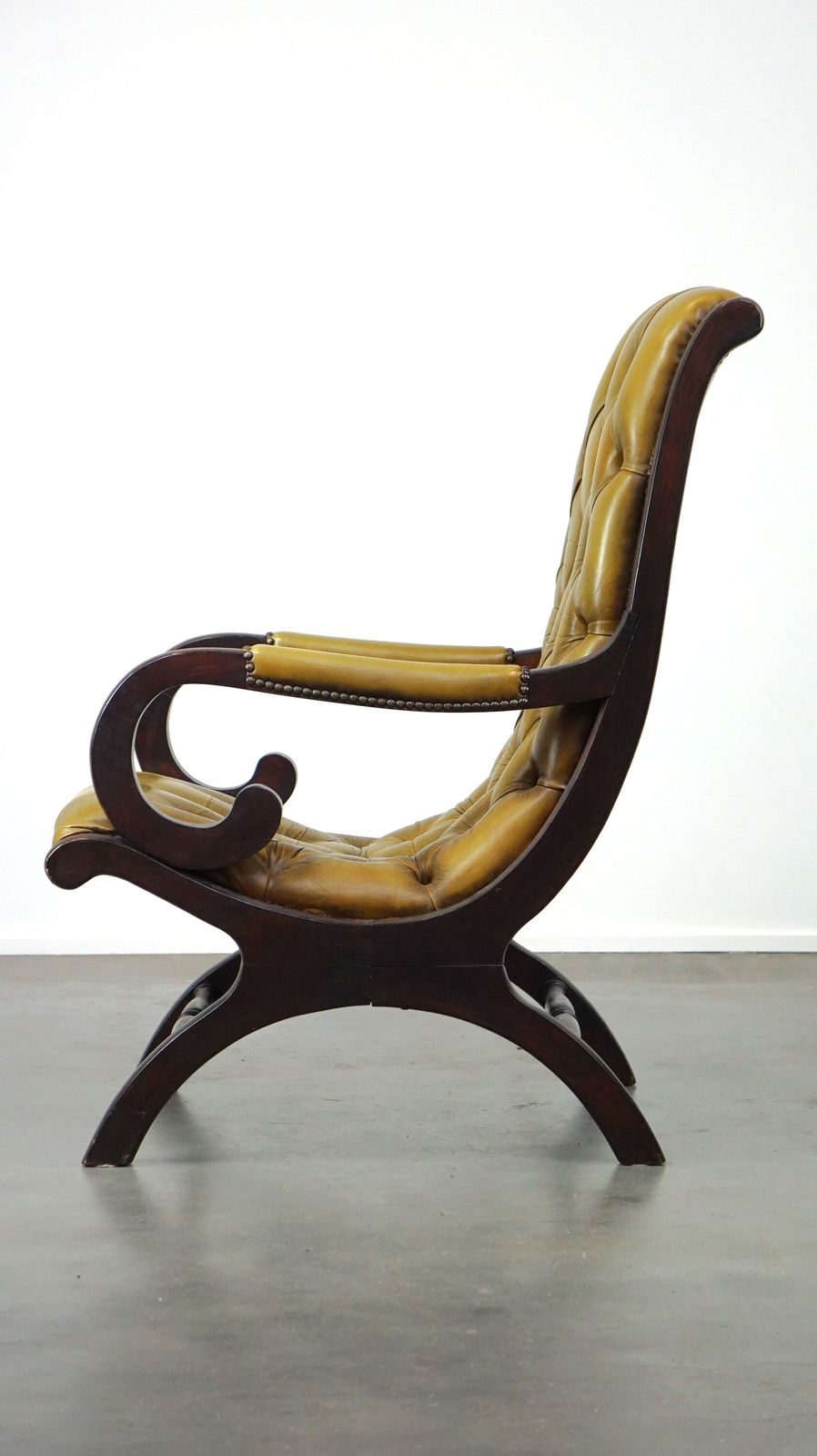 Elegant Cow Leather Chesterfield Armchair Combined With Wood photo vinterior