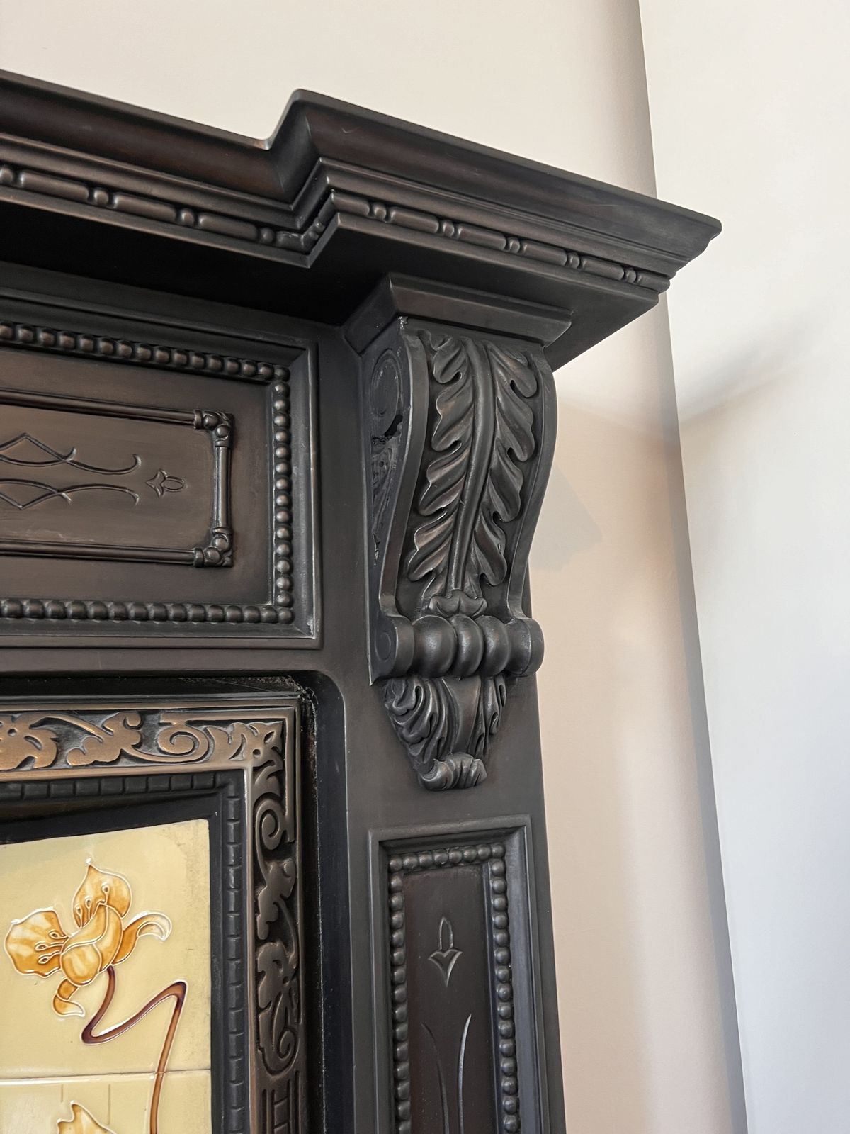 Art Nouveau Cast Iron Fireplace With Tiled Flower Decoration – Original 1930s Feature From Wanstead, London photo for sale