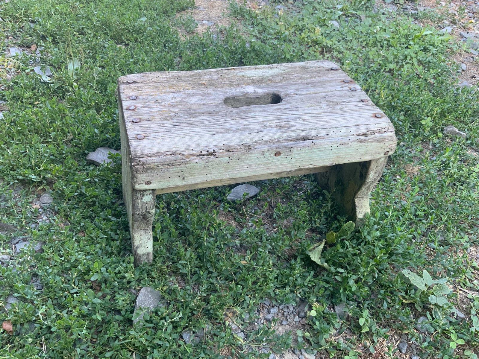 Res Scratch Built Antique Wooden Vintage Green Milking Stool Or Small Table, Rustic Farmhouse Seat Step Cute Pot Stand C1940s