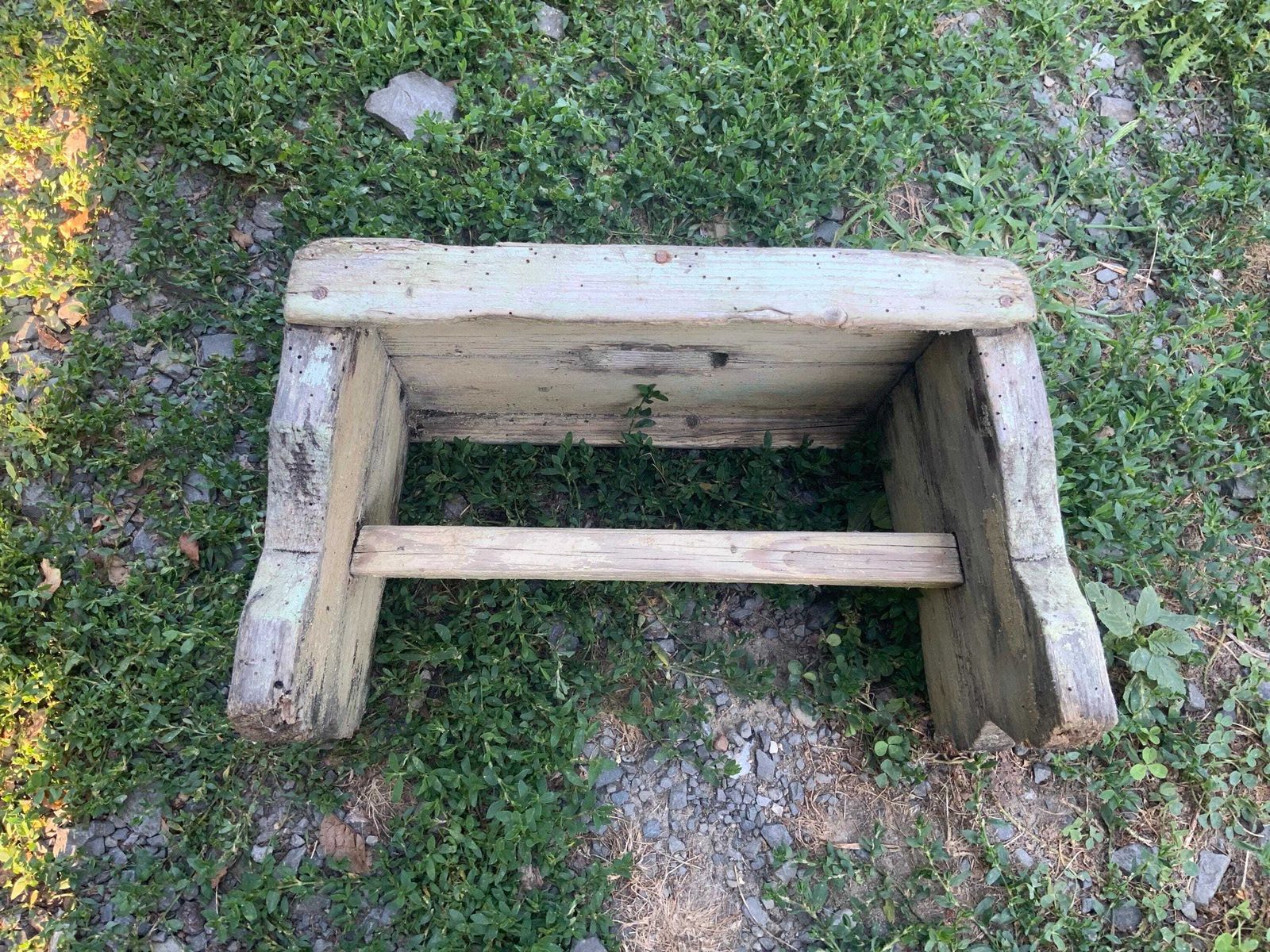 Res Scratch Built Antique Wooden Vintage Green Milking Stool Or Small Table, Rustic Farmhouse Seat Step Cute Pot Stand C1940s photo furniture