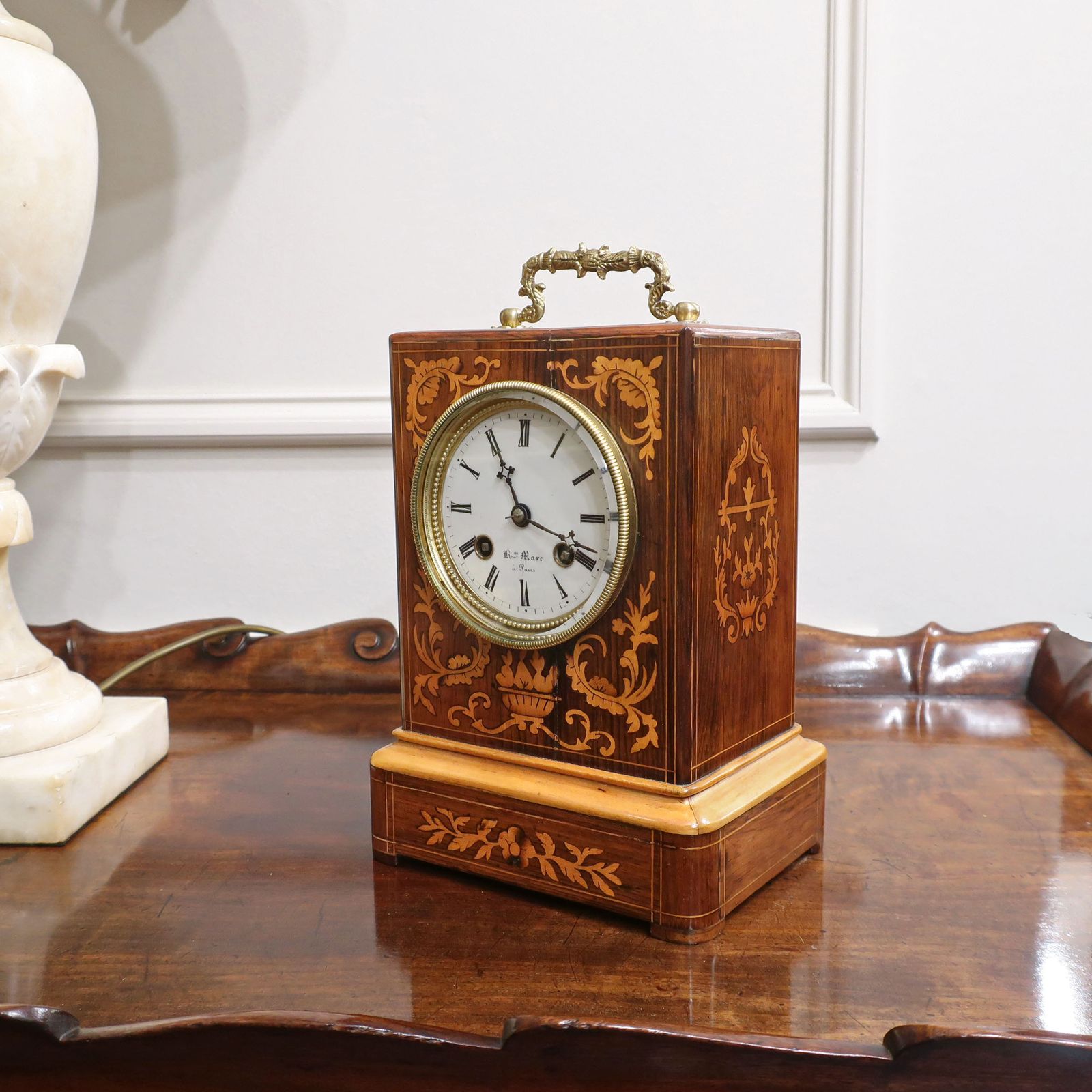 French Napoleon III Rosewood & Marquetry Mantel Clock By Henry Marc