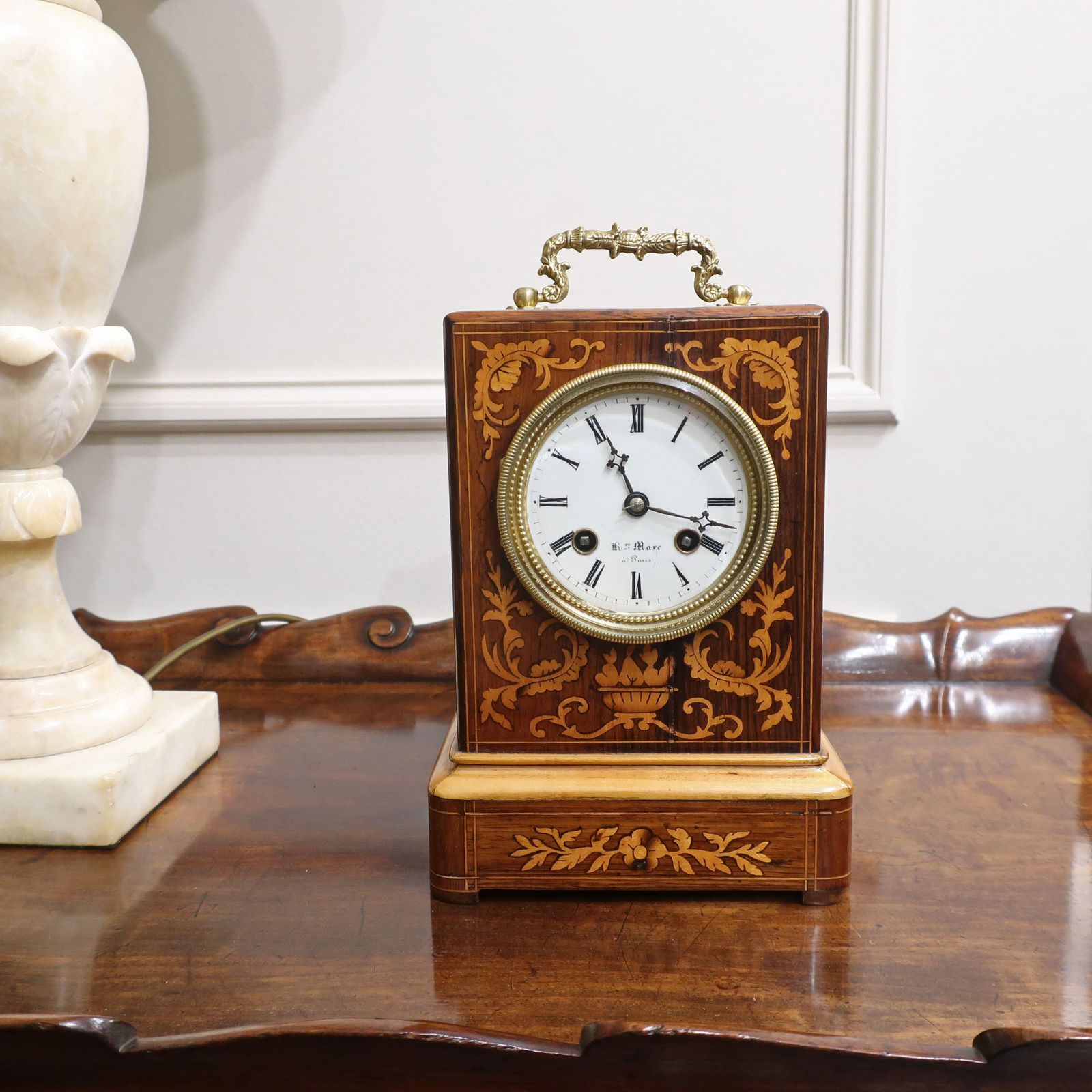 French Napoleon III Rosewood & Marquetry Mantel Clock By Henry Marc photo furniture