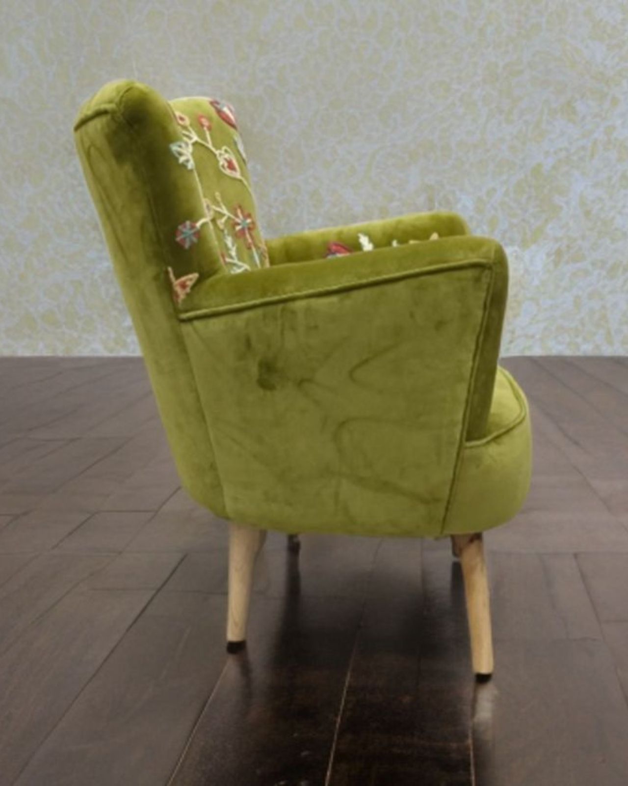 Green Velvet Hand Embroidered Wingback Armchair & Footstool Set photo for sale