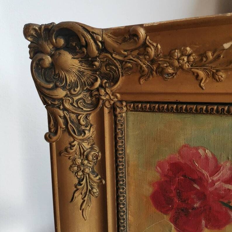Painting Beautiful Vivid Art Of Flowers In Vase Signed Acrylic On Canvas 1950. Shabby Gold Rocco Frame Rustic Very Decorative Professional photo Art