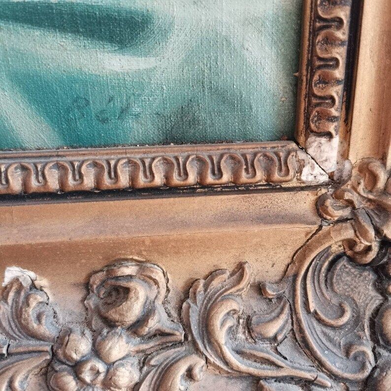 Painting Beautiful Vivid Art Of Flowers In Vase Signed Acrylic On Canvas 1950. Shabby Gold Rocco Frame Rustic Very Decorative Professional photo buy