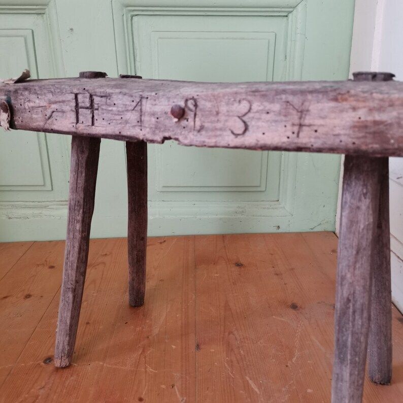 Traditional Vintage Central European Elm Wooden Milking Stool Or Step C1930s Table, Primitive Hand Made Antique Milk Seat. Gnarly Patina photo for sale