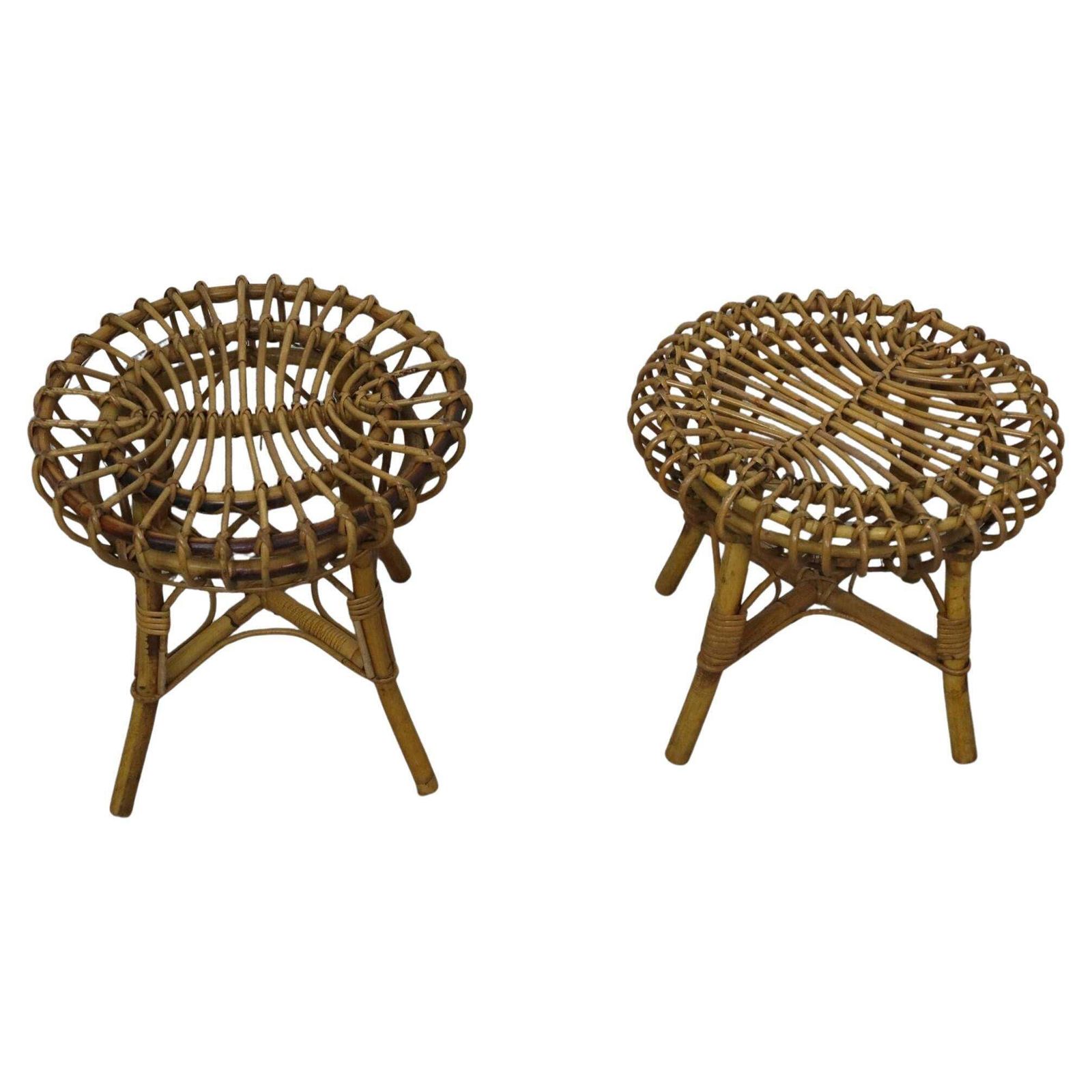 Mid Century Modern Rattan And Bamboo Ottoman Stool Franco Albini, Italy, 1960s