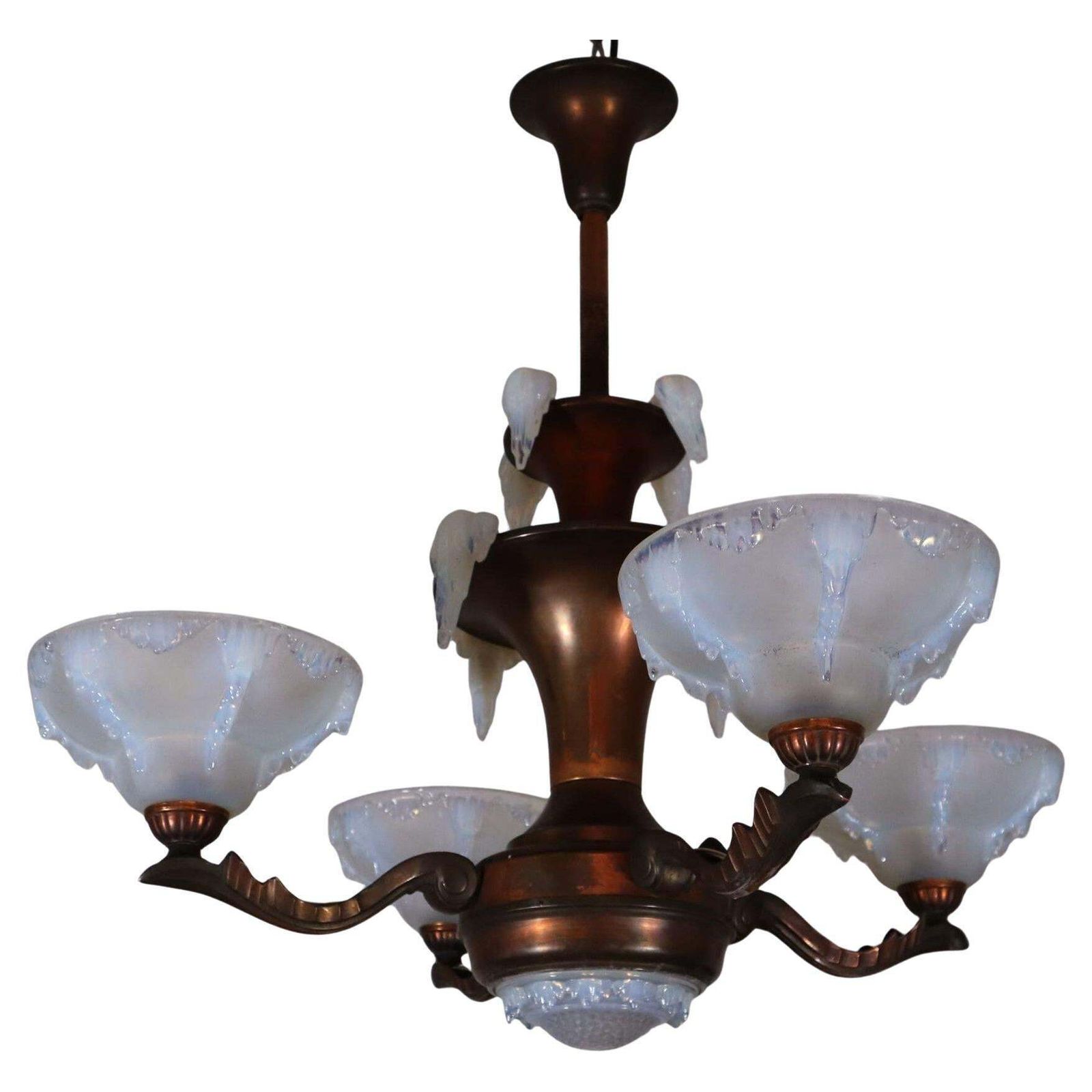 Art Deco French Frosted Opalescent Glass Copper Chandelier By Ezan, 1930s