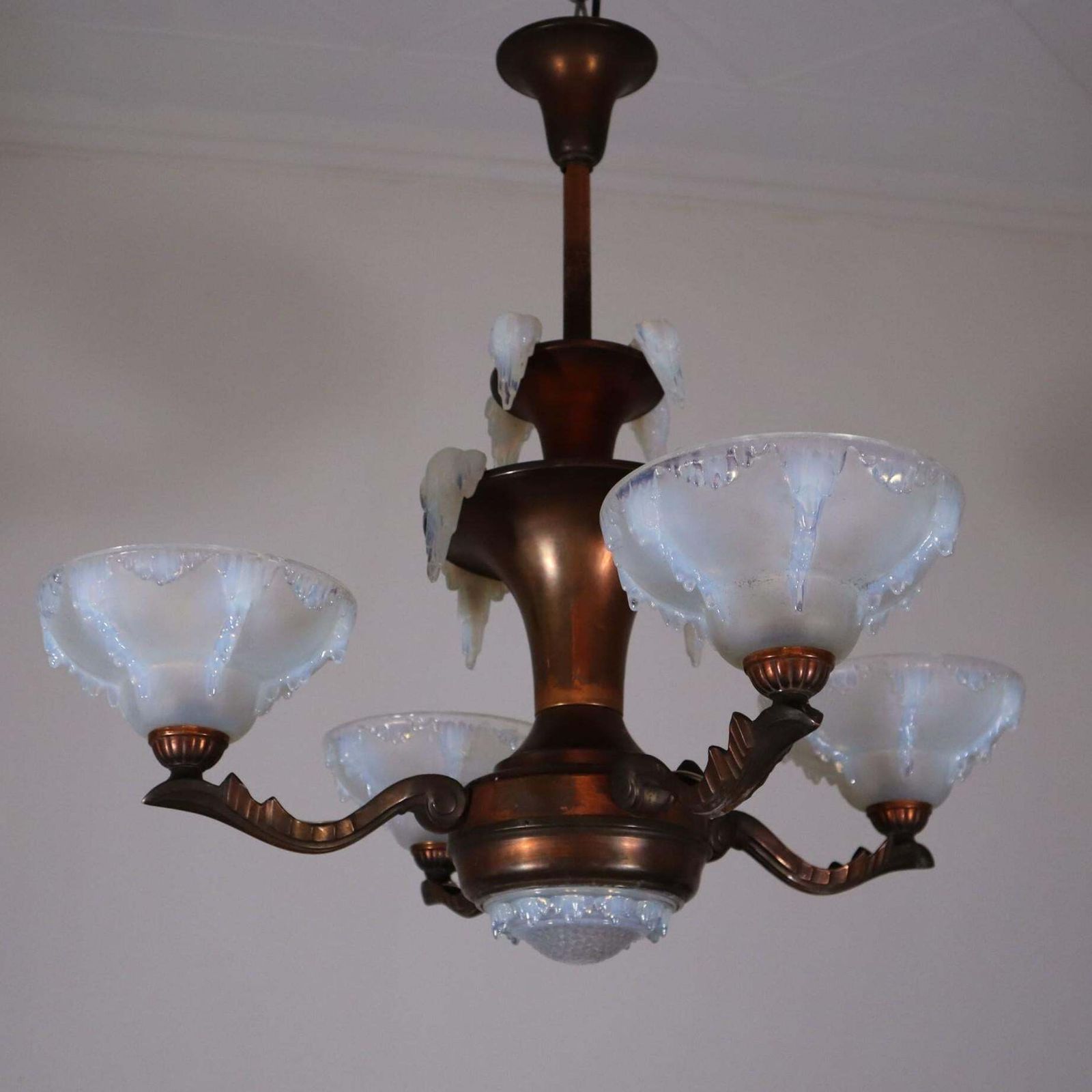 Art Deco French Frosted Opalescent Glass Copper Chandelier By Ezan, 1930s photo for sale