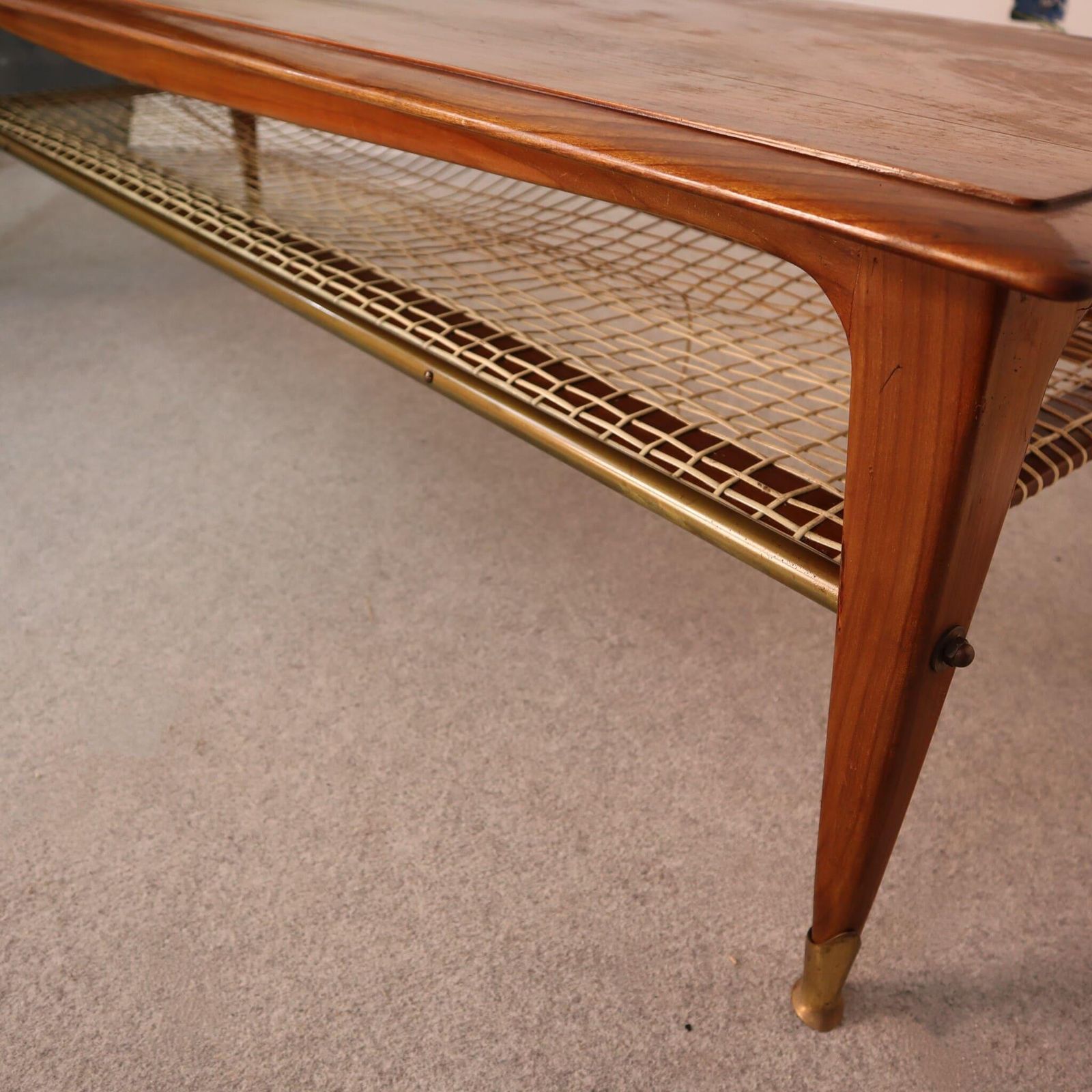 Mid Century Modern Italian Solid Walnut Brass Coffee Table From 1960s photo vinterior