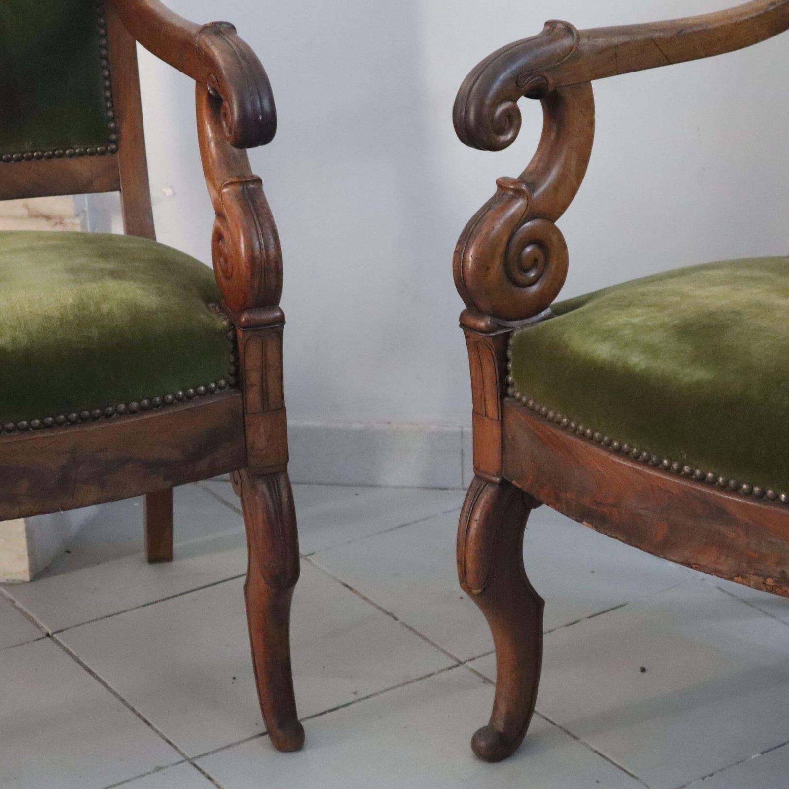 Pair Of French Antiques Armchairs In Walnut And Green Fabric 19th Century photo furniture