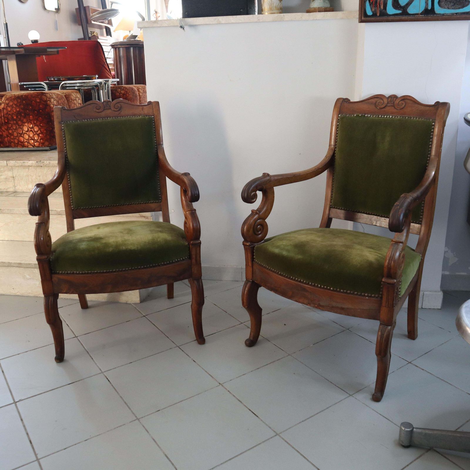 Pair Of French Antiques Armchairs In Walnut And Green Fabric 19th Century photo vintage