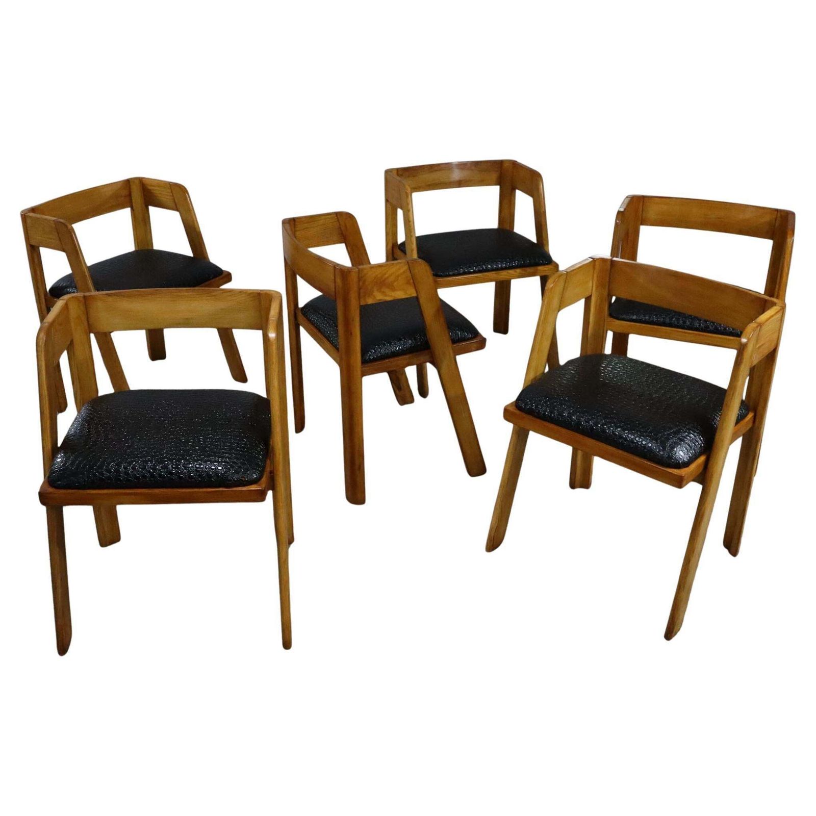 Mid Century Leather And Wood Chairs By Tito Agnoli For Citterio, Program C