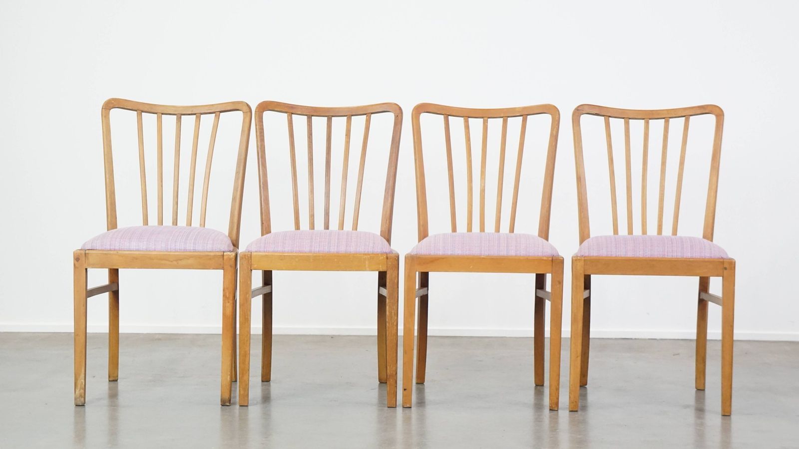 Nice, Cozy Set Of 4 Vintage Danish Design Dining Room Chairs From The 70s With Beautiful Light Purple Fabric Seats photo furniture