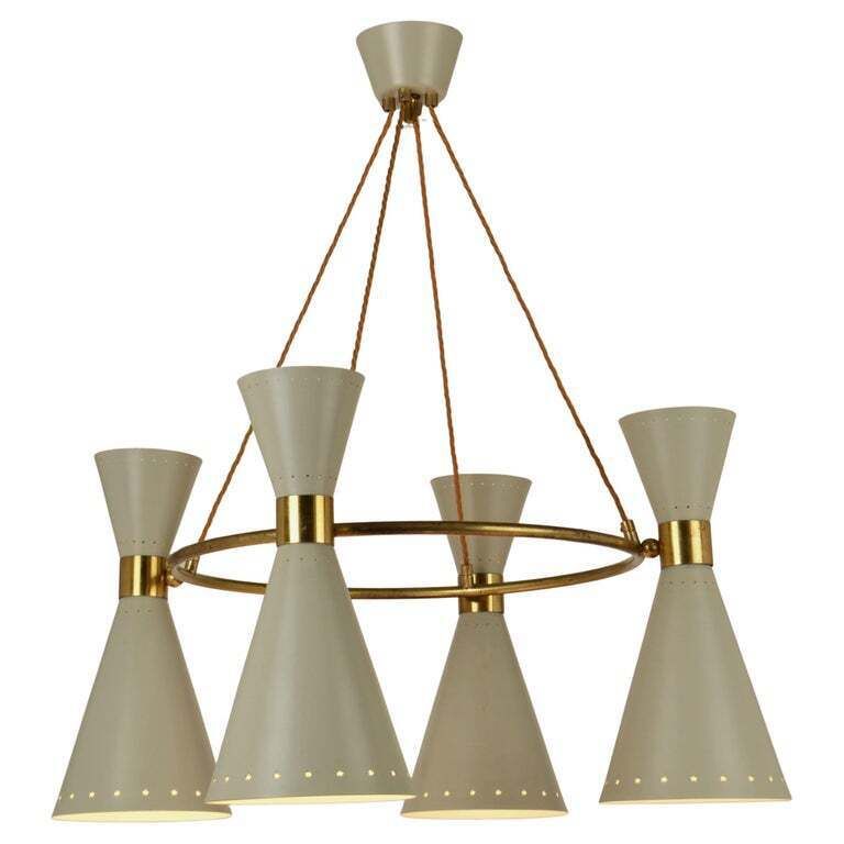 photo vintage 1950s Diabolo, Hourglass Chandelier Stilnovo Era, Grey Metal & Brass