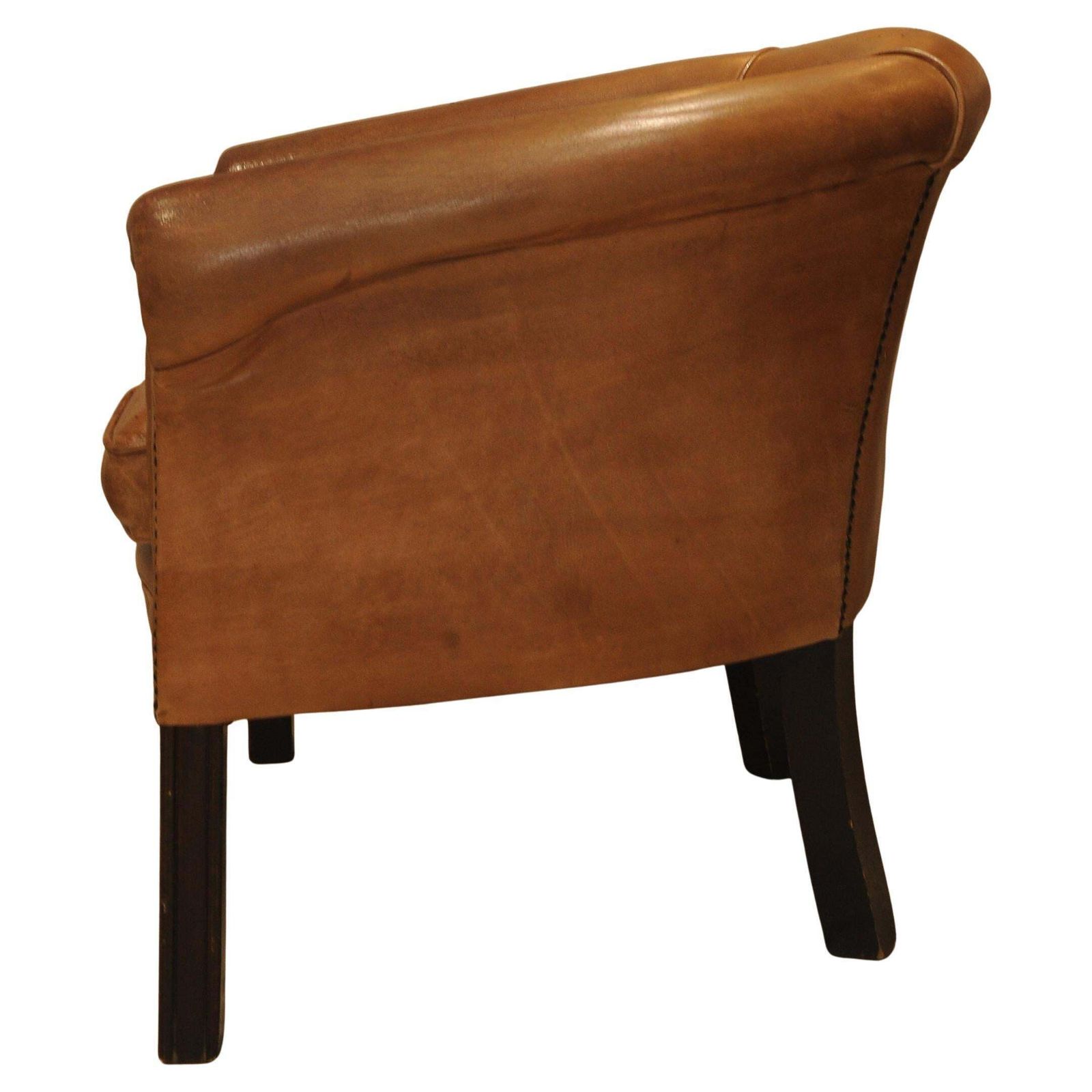 An Art Deco Design Dark Tan Leather Tub Chair With Piping Finishing Brass Tacks Beech Squared Legs British Made Ol photo for sale