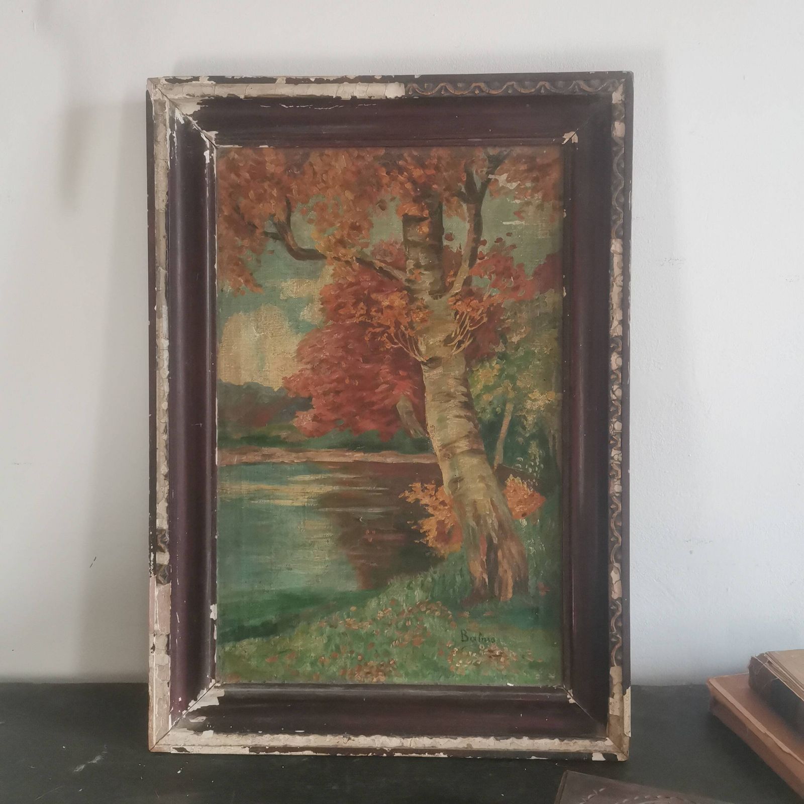 Captivating Antique Painting: Hungarian Artist, Nature's Autumn Splendor, Chippy Frame   A Timeless Masterpiece" photo furniture
