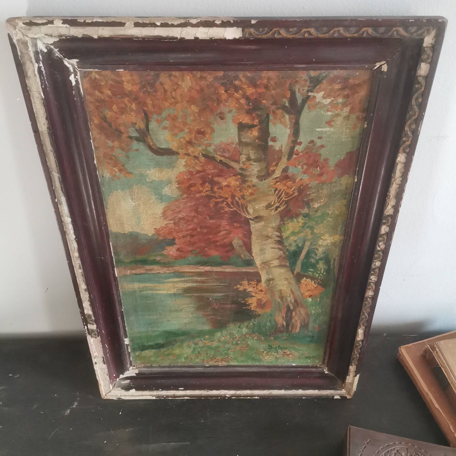 Captivating Antique Painting: Hungarian Artist, Nature's Autumn Splendor, Chippy Frame   A Timeless Masterpiece" photo 76.0