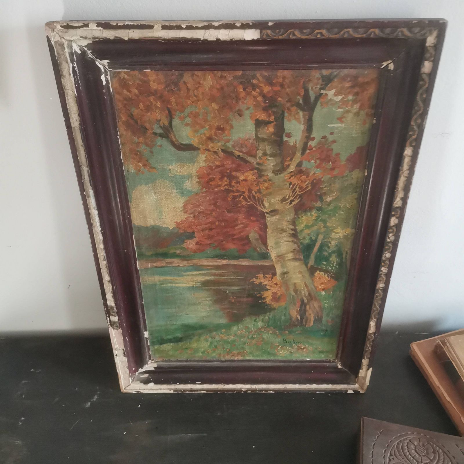 Captivating Antique Painting: Hungarian Artist, Nature's Autumn Splendor, Chippy Frame   A Timeless Masterpiece" photo vinterior