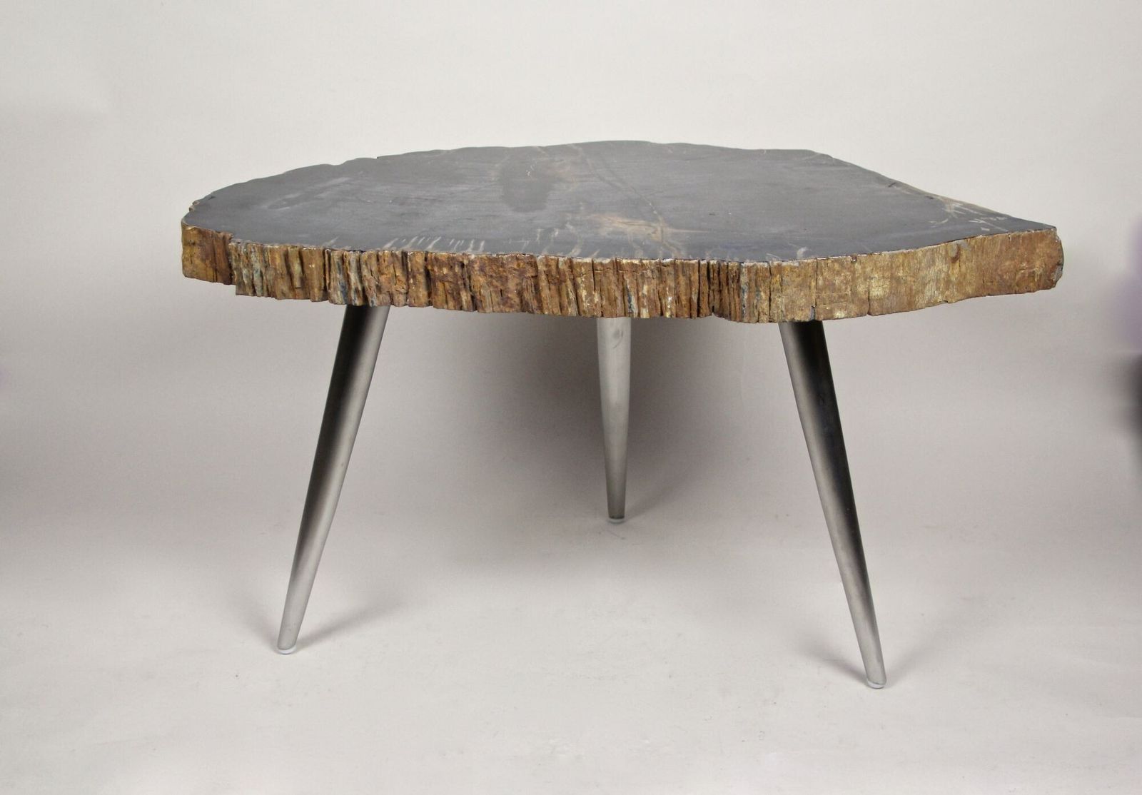 Petrified Wood Side Table With Stainless Steel Feet, Organic Modern, Idn 2021 photo Furniture