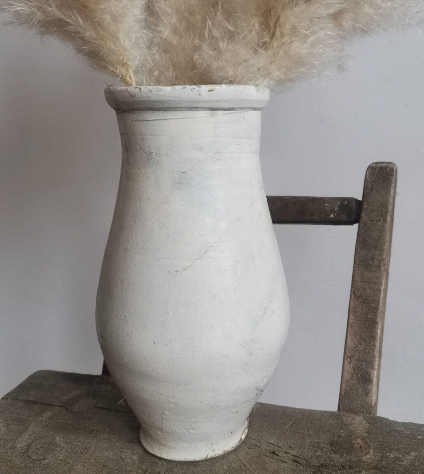Rare Chippy White Earthenware Water Jug Rustic Charming Vase Or Vessel, Antique Terracotta From Hungary 1920s photo buy