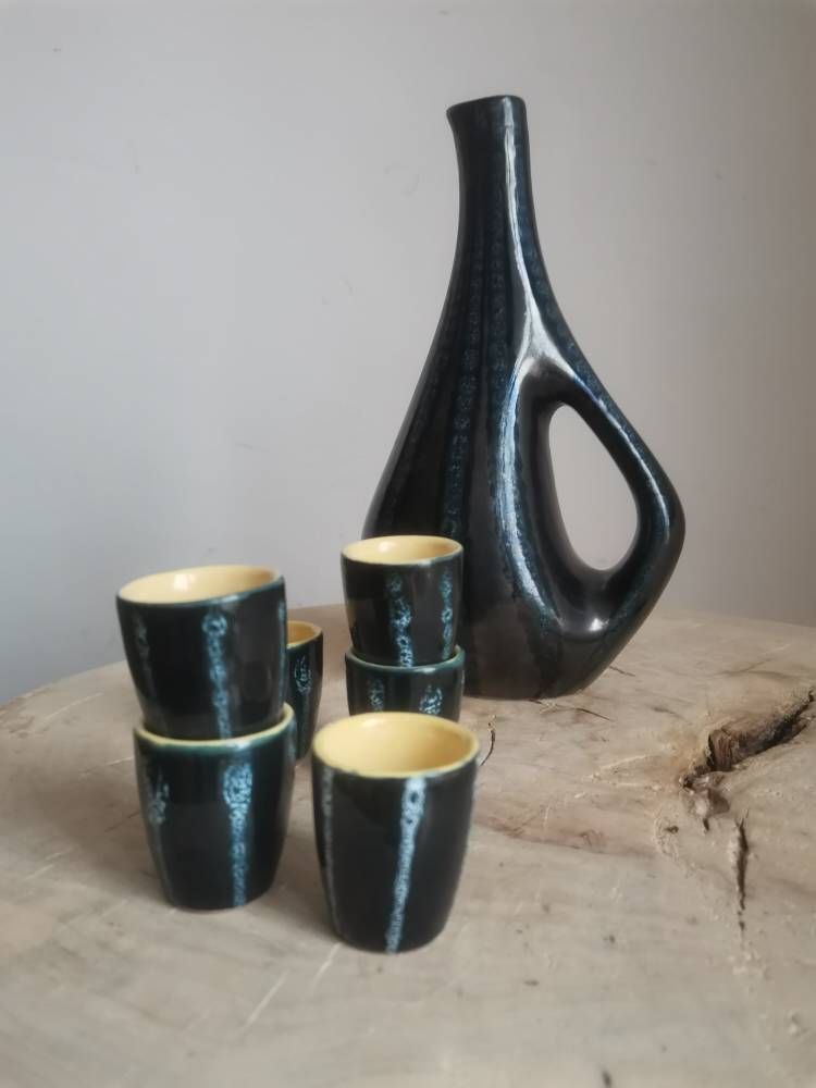 Classy Drinking Set. Vintage Eye Catching From Central Europe Home Bar Restaurant Decor, Shot Glass, Serving Palinka Celebration photo for sale