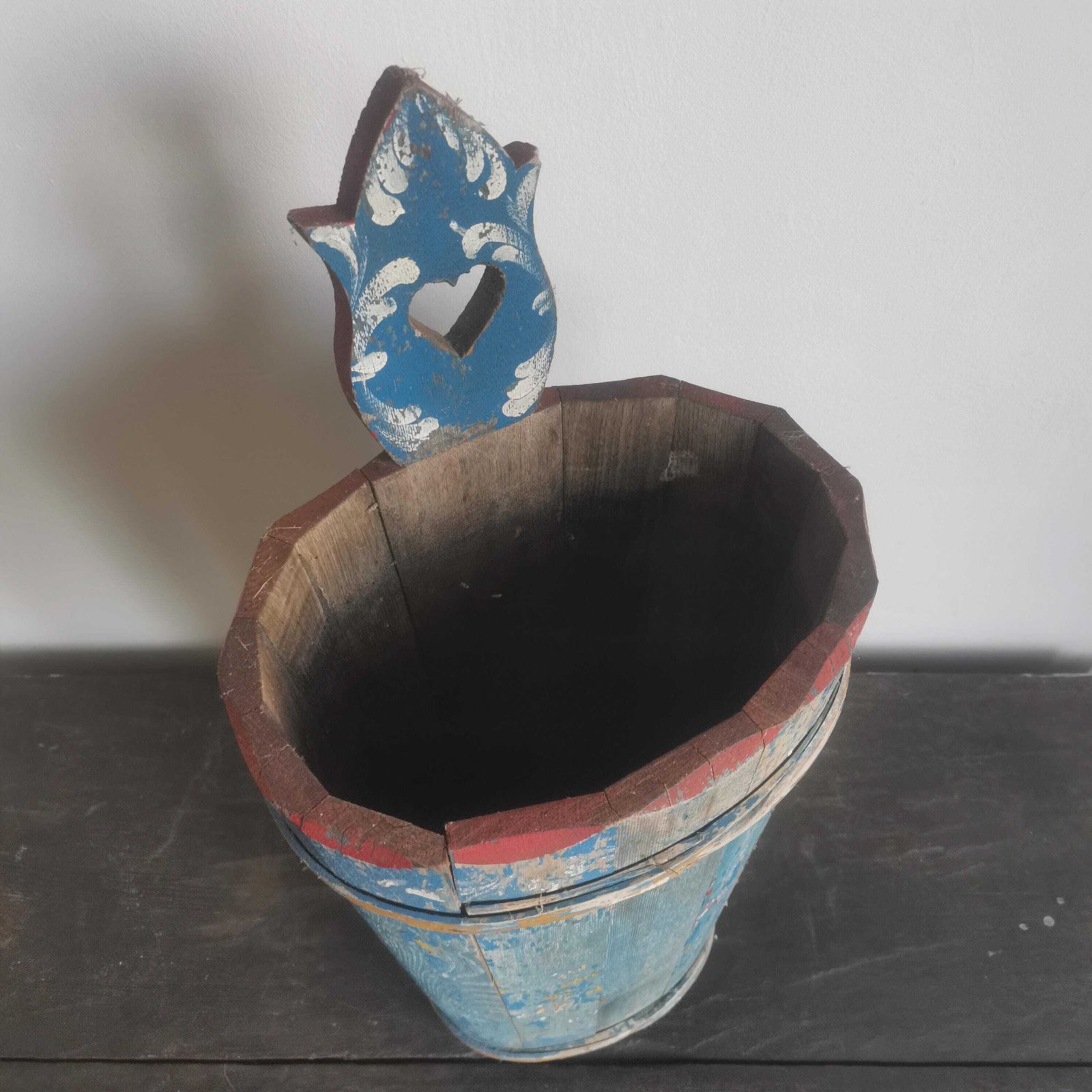 Antique French Rustic Umbrella Wooden Bucket. Hand Painted Water Well Pot. Hand Crafted C1940s Rare And Unique. photo vinterior