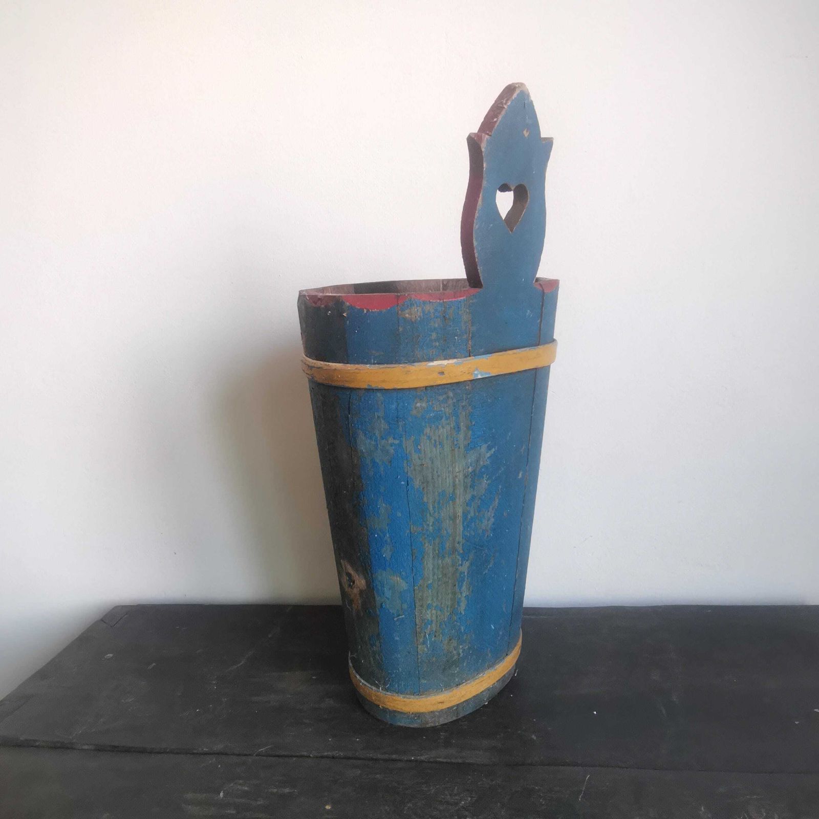 photo furniture Antique French Rustic Umbrella Wooden Bucket. Hand Painted Water Well Pot. Hand Crafted C1940s Rare And Unique.