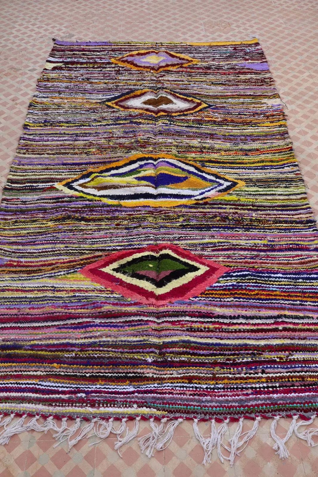 photo for sale Berber Carpet Kilim Boucherouite Colored Multicolor Seventies   264 X 140 Cm