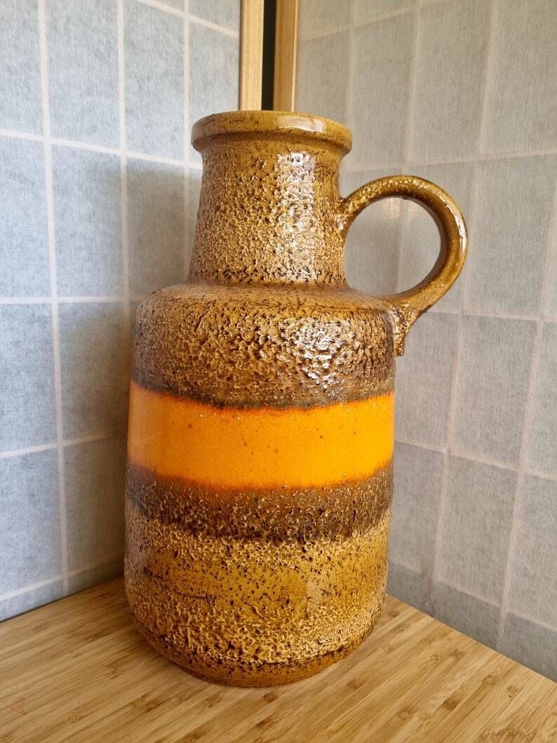 Scheurich West German Vase | Large Orange Striped Pottery | Mid Century Modern Ceramic | 1970s Floor Vase | 15 Inch Handcrafted