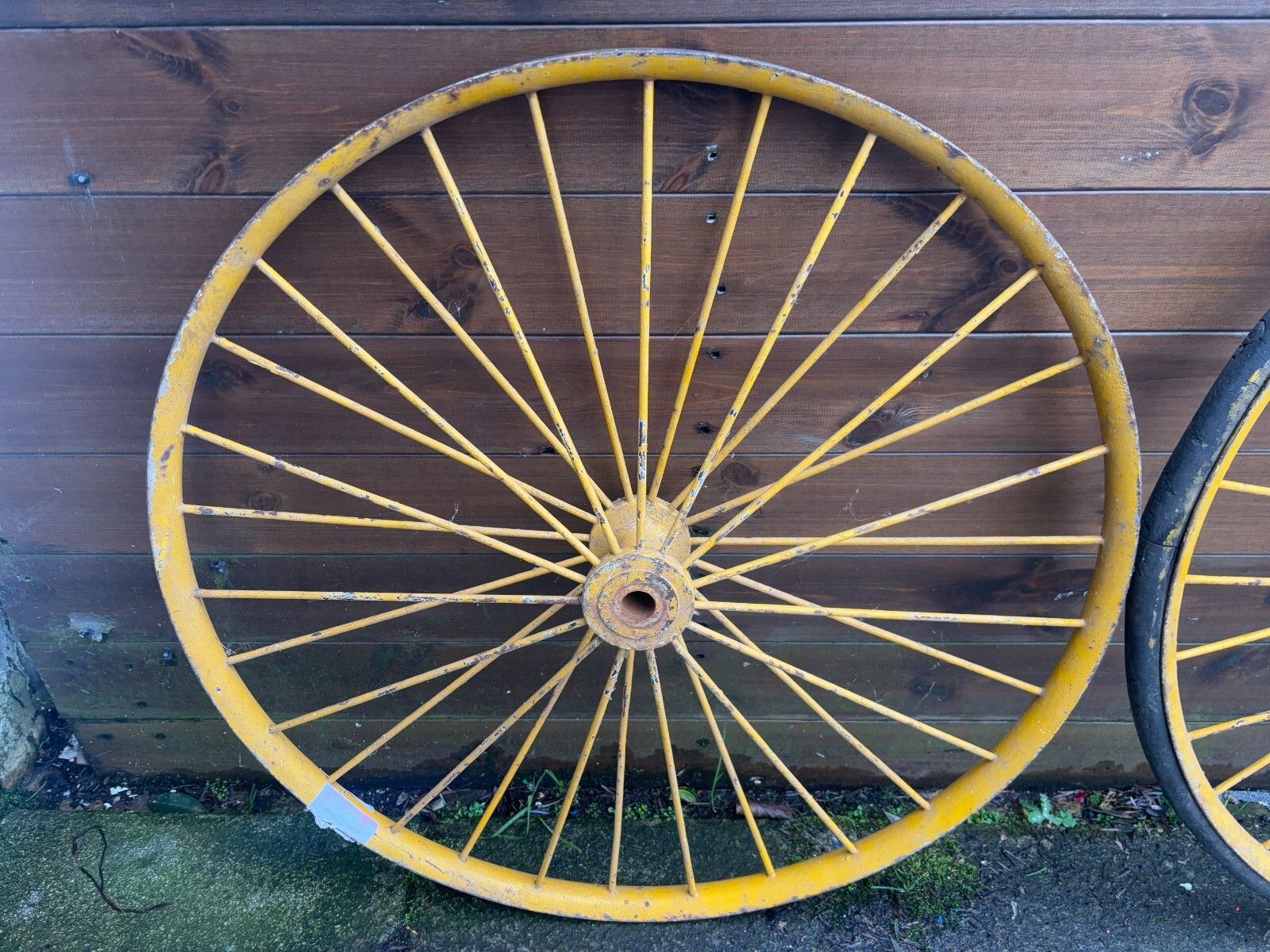 Pair Of Large Antique Yellow Metal Spoked Cartwheels With Vulcanised Tyres photo furniture