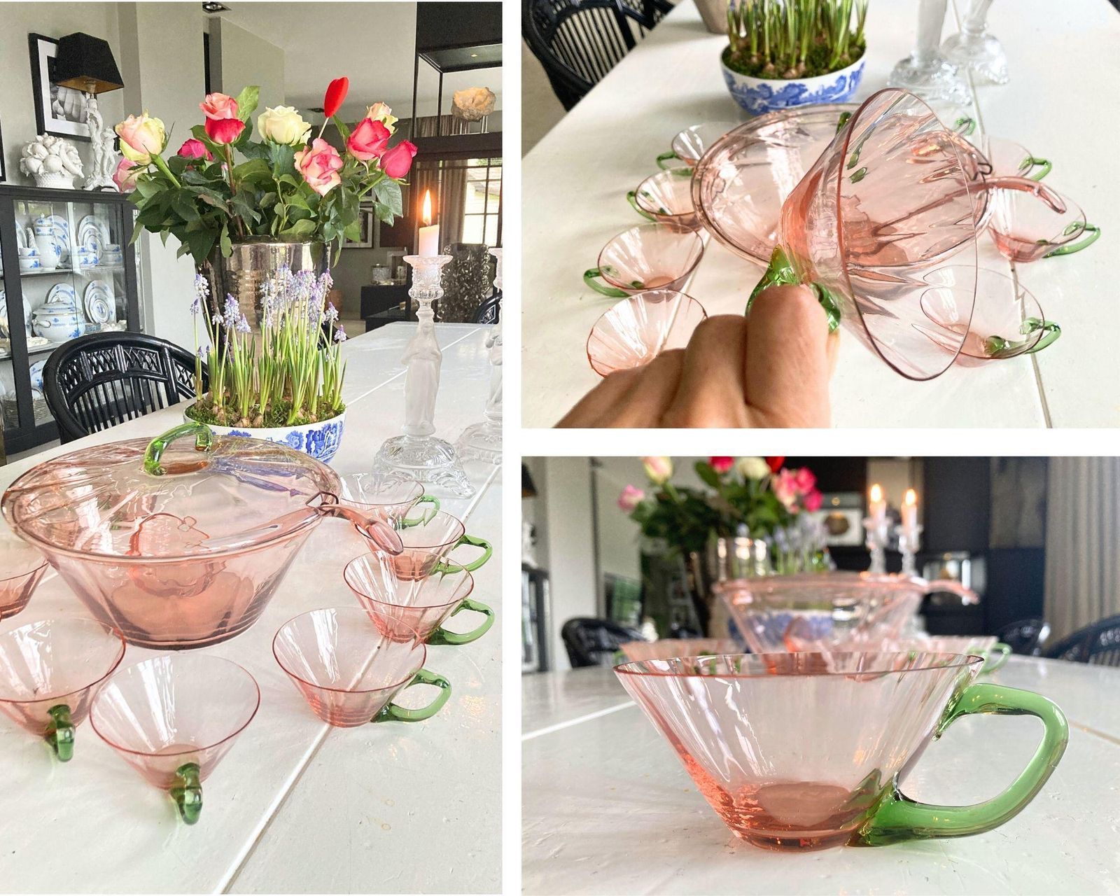Kristallen Punchbowlset Met Bekers | 11 Delig | Roze En Groen | Frans photo Woonaccessoires