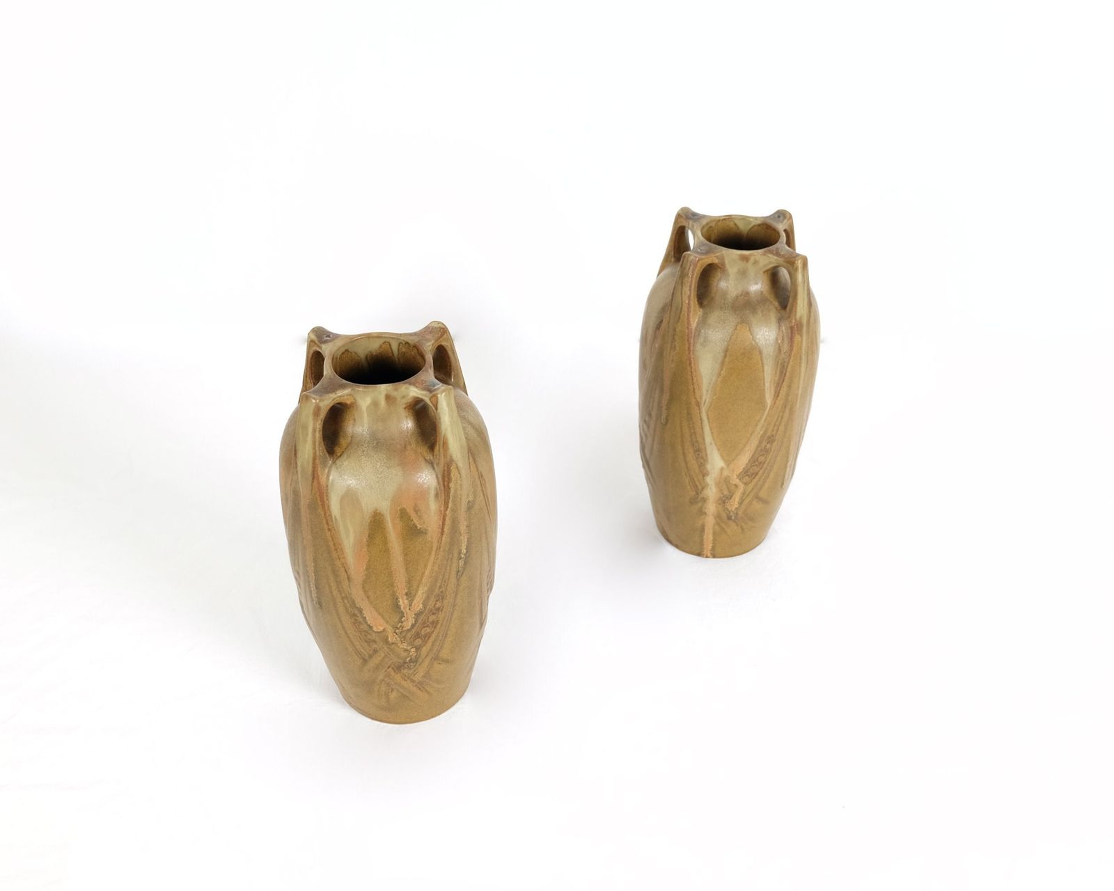 A Pair Of Brown French Art Deco Crystalline Vases photo Home Decor