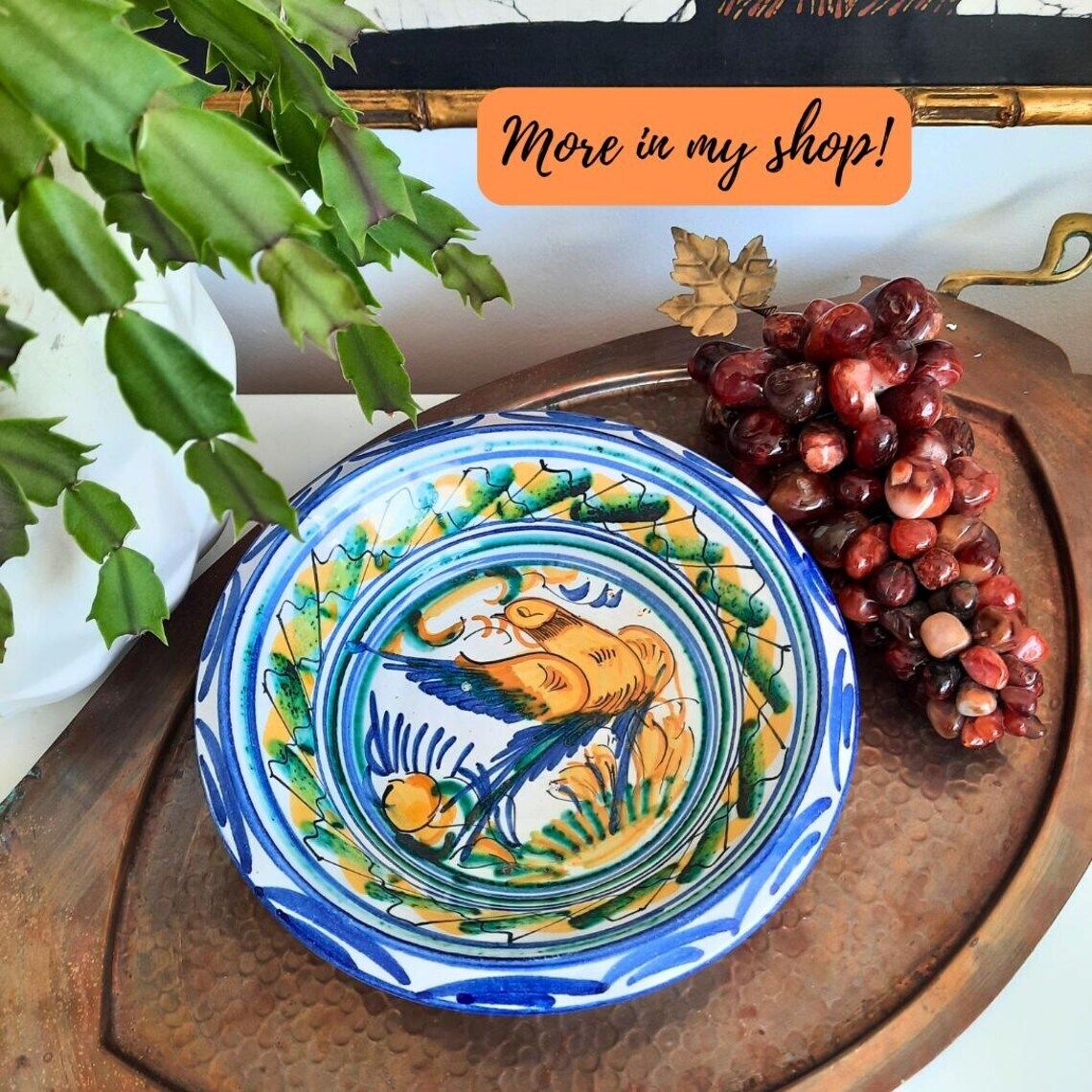 Small Spanish Pottery Hand Painted Bird Bowl Lebrillo Made In Murcia, Spain By El Poveo photo furniture