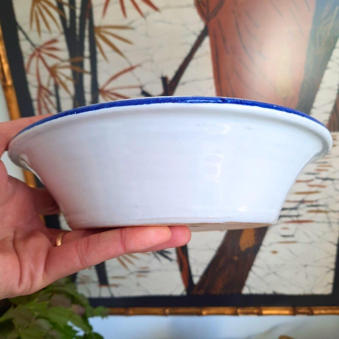 Small Spanish Pottery Hand Painted Bird Bowl Lebrillo Made In Murcia, Spain By El Poveo photo vinterior