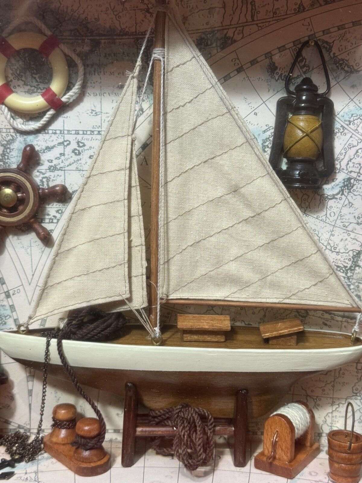 Charming Vintage Sailing Boat Marine Diorama In Case C.1980 photo 223.0