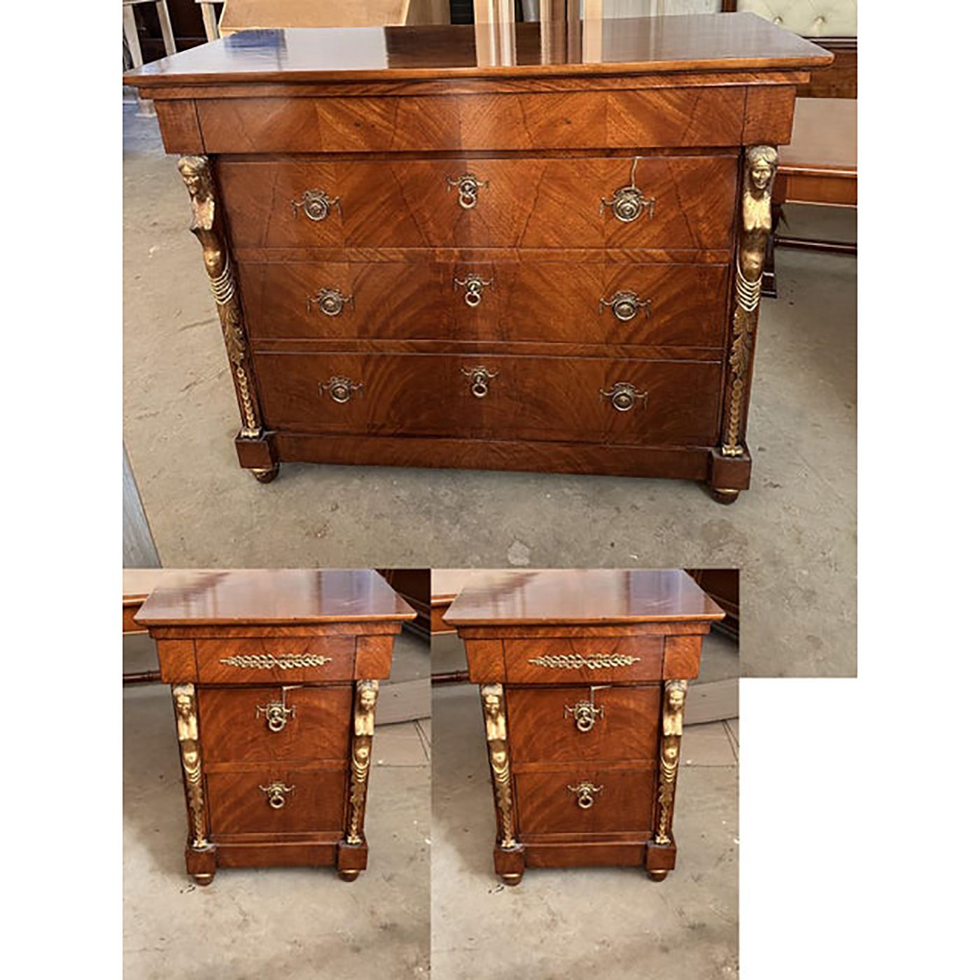 1990s Italian Set Of 3 Chest Of Drawers And Two Bedside Tables With Gold Caryatids photo buy