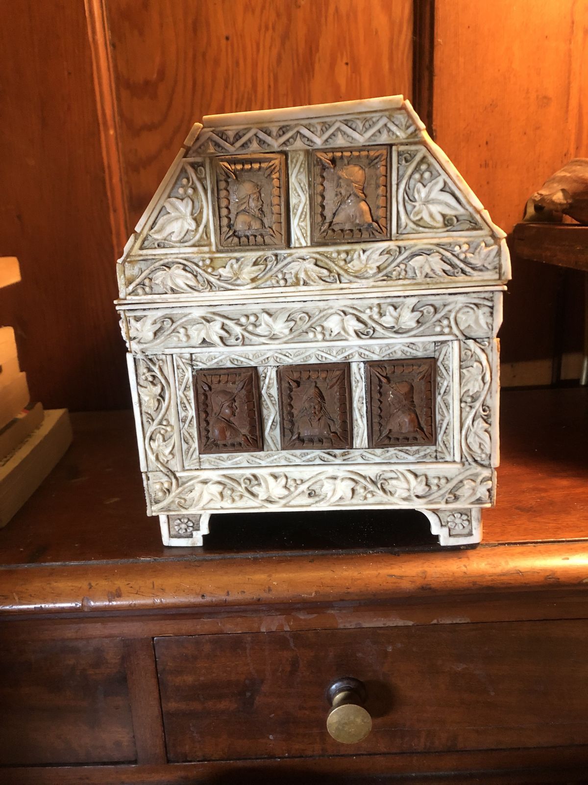 Antique Casket  – Bone & Fruit Wood Inlay –Embriachi Workshop Style Of 1600s photo for sale