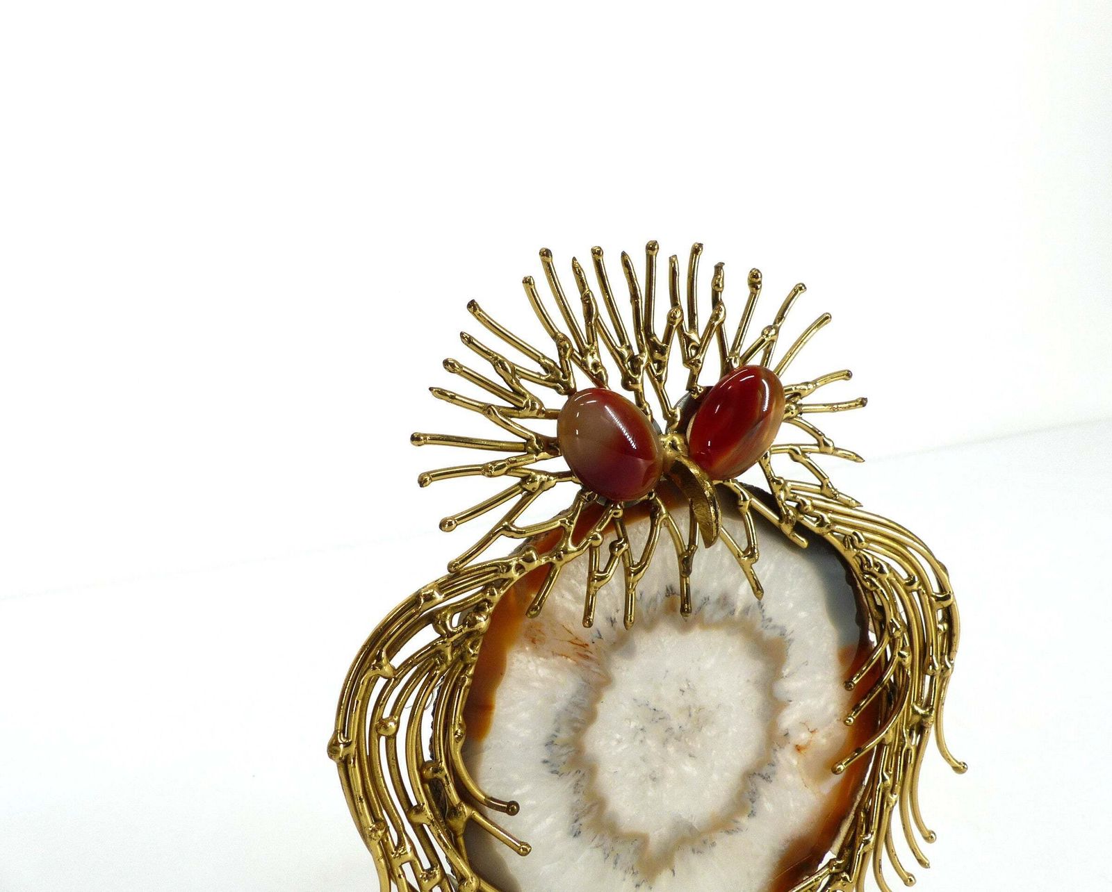 Brutalist Owl Sculpture In Brass And Agate 1970 photo for sale