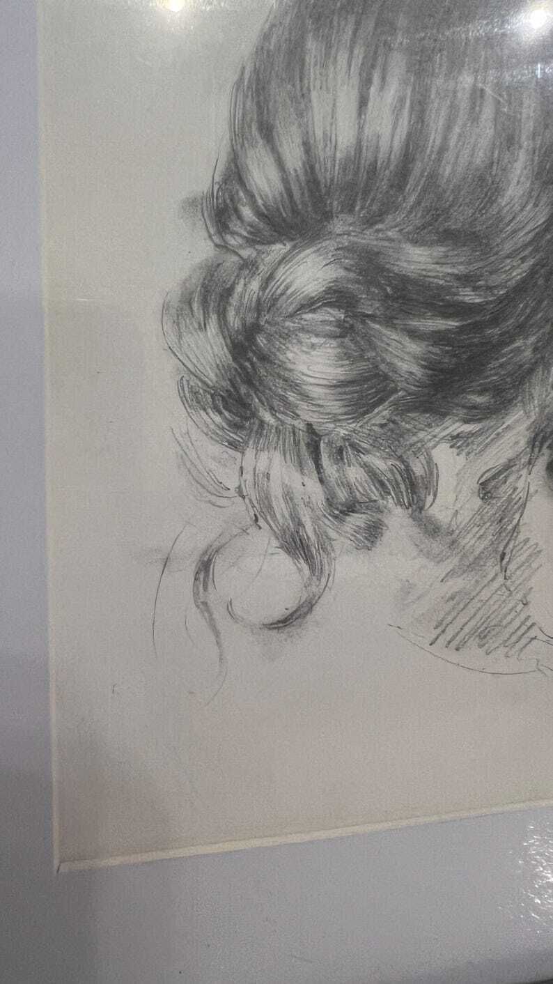 Contemporary Pencil Drawing Of Woman’s Hair In Loose Bun, Framed photo for sale